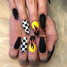 black and white plaid flame nails