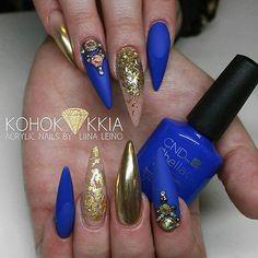 gold foil cobalt blue nail design