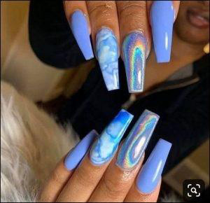 sky blue holographic nail design