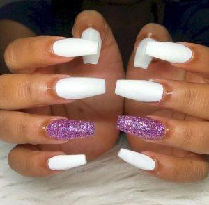 white with purple glitter nail design