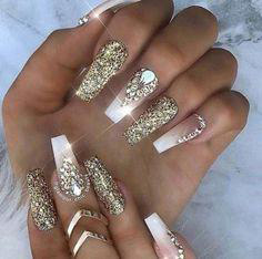 gold glitter and white coffin nails
